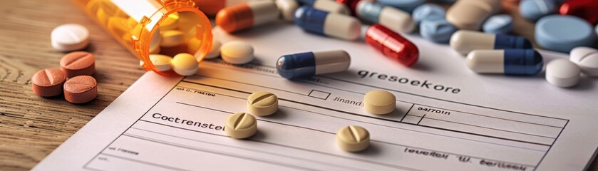 Assorted pharmaceuticals arranged around a blank prescription form 