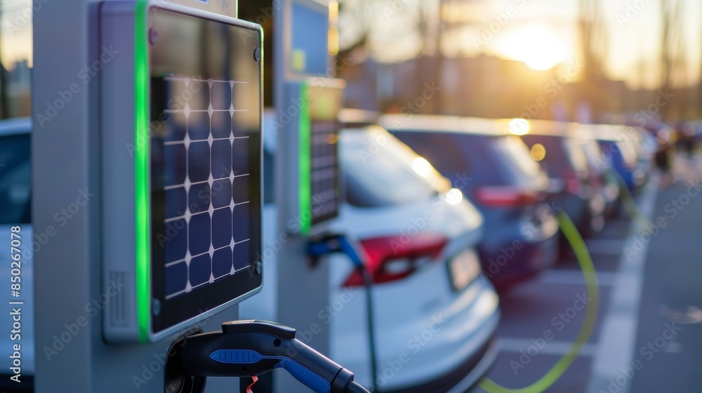 Poster an ev charging point at a parking lot with a small panel attached to it displaying the amount of sol