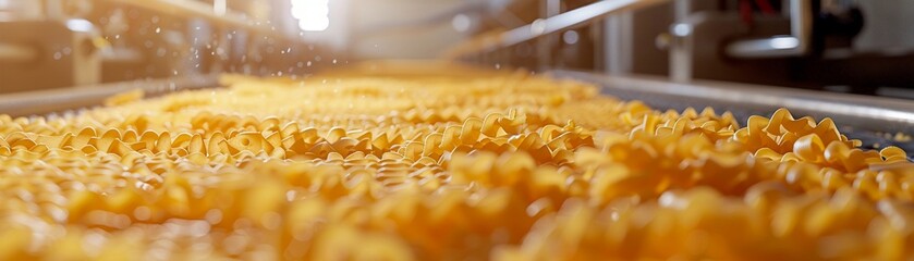Macro shot of raw pasta pieces being transported on a conveyor belt, intricate details of pasta texture and conveyor links, bright factory with modern machinery in view, Photorealistic, Highdetail 8K 