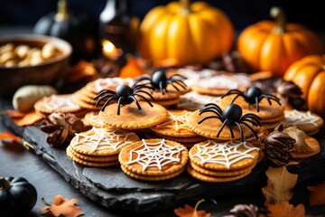Fototapeta premium The Halloween charcuterie board featuring mini pumpkin pies and spider web crackers
