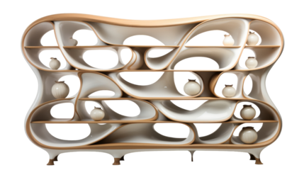 Modern Abstract Wooden Bookshelf With White Vases