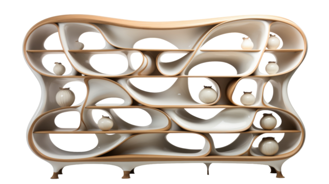 Modern Abstract Wooden Bookshelf With White Vases