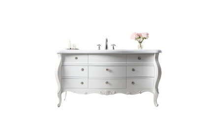 White Vanity With Six Drawers And Ornate Details