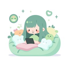 Illustration of girl playing with tablet in a puff