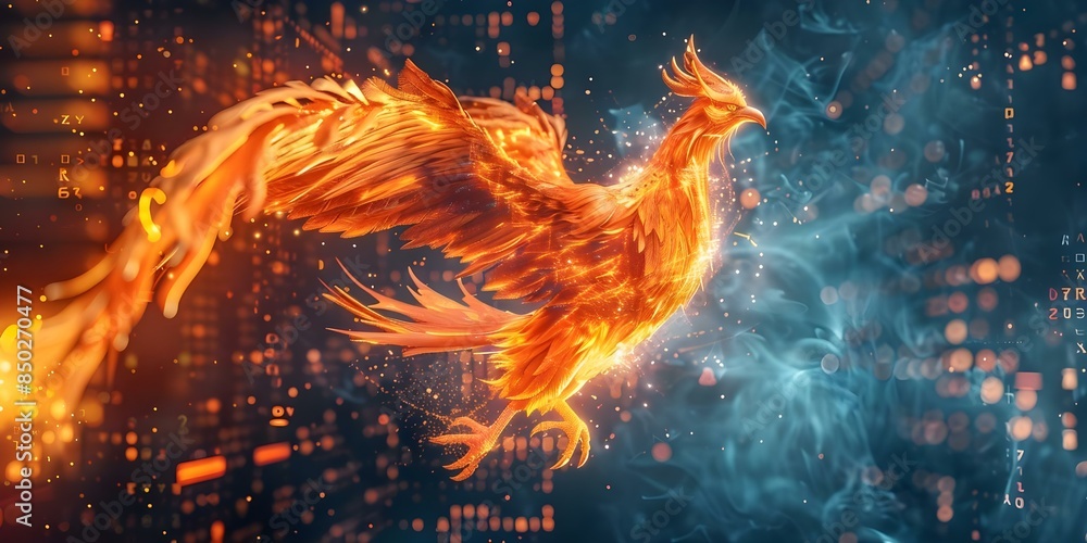 Poster recovering data post digital disaster like a phoenix rising from a servers ashes. concept data recov