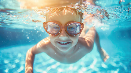 Naklejka premium Joyful Kid Diving and Swimming in Sparkling Pool at Resort During Summer Vacation