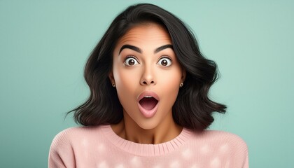 hispanic woman with a surprise expression on her face, pastel theme, close-up