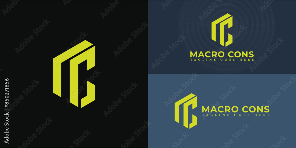 Poster abstract initial hexagon letters mc or cm logo in yellow color isolated on multiple background color