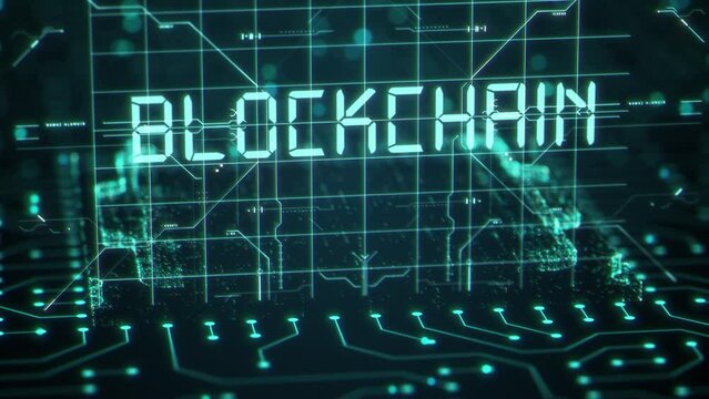 Futuristic blockchain title on a PCB digital circuit board background. Abstract block chain cpu miner with motherboard. Concept of crypto currency exchange and mining