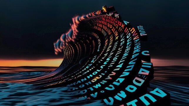 A surreal digital wave composed of binary code and glowing elements, curling against a dramatic sunset backdrop. 