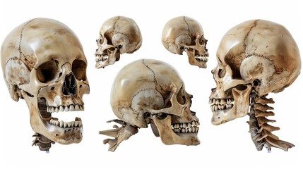 Naklejka premium Collection of multiple human skulls in various angles and positions isolated on white background. Perfect for medical studies, anatomical references, and artistic projects. AI