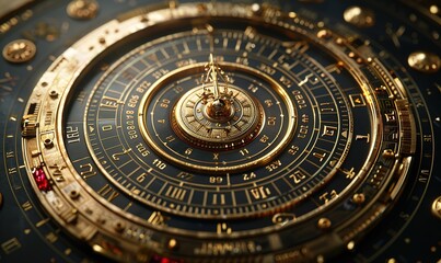 Obraz premium A background illustration of a clock or compass made of shiny gold-colored iron