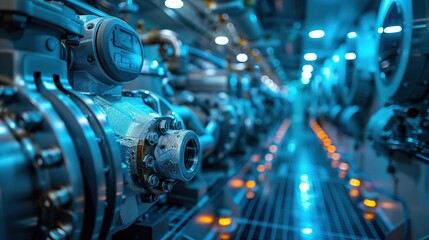 Modern Ship Engine Room Machinery. Modern ship engine room with advanced machinery and equipment, highlighting technological advancements in marine engineering.