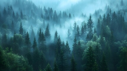 Misty smoke covering Pine tree Forest, landscape fir forest panorama view.