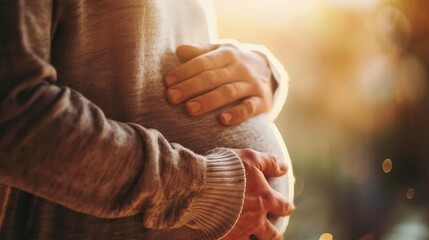 A pregnant woman is holding her belly.