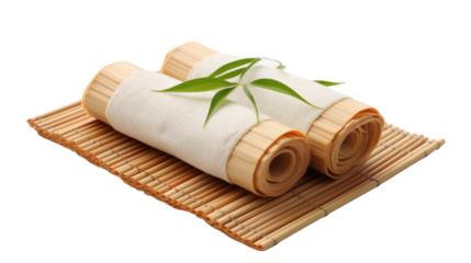 Rolled Bamboo Mats With White Cloth and Green Leaves on a Bamboo Mat