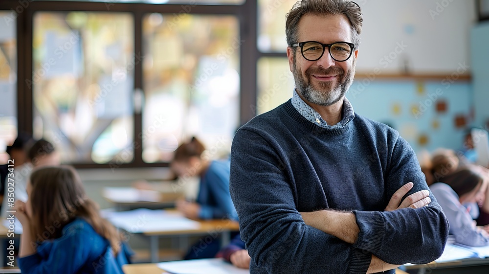Poster confident teacher smiling in a classroom with students working in the background. educational settin