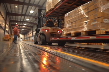 Fototapeta premium Forklift Moving Pallets in Warehouse. Forklift moving stacked pallets inside a large warehouse, with a worker overseeing the operation.