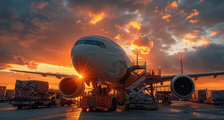 Obraz premium Cargo Plane at Sunrise with Workers. Cargo plane being loaded with cargo at sunrise, with workers preparing the shipment.