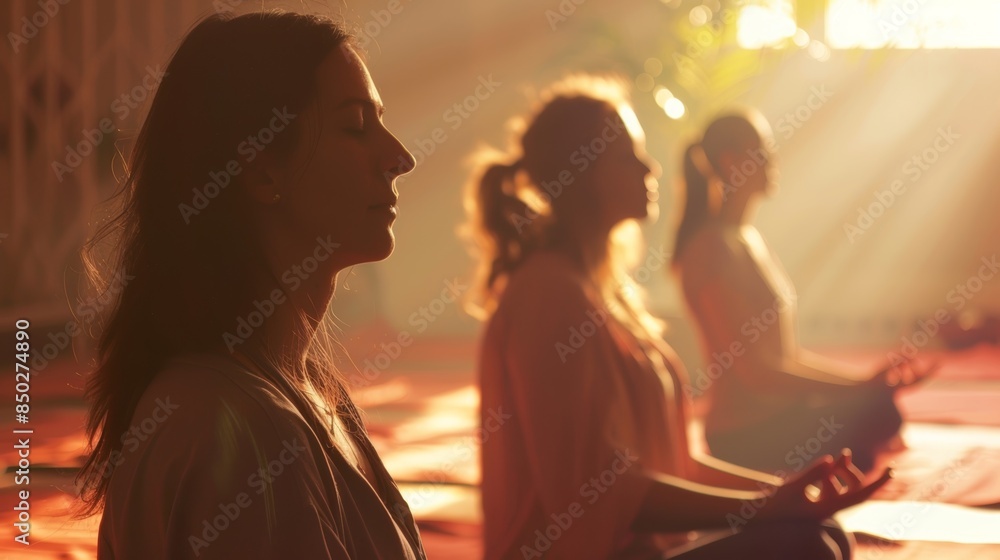 Poster a hazy atmosphere of serene participants meditating while inhaling the calming scents.