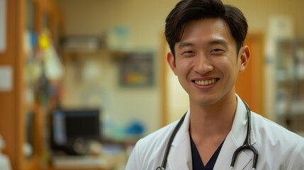 Fototapeta premium Handsome Korean doctor, smiling, stethoscope, doctor's office at hospital, professional attire, caring demeanor, indoor setting, medical equipment.