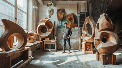 A young contemporary artist is making art in his studio workshop. Abstract paintings and sculptures stand on the floor and hang on the walls. Creative activity