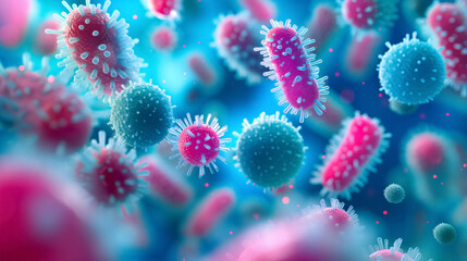 Various colorful bacteria, showcasing their shapes and textures in a vivid, microscopic view against a blue background.