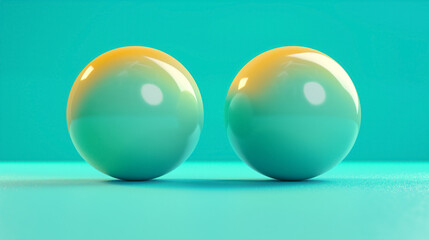 Two glossy, gradient-colored spheres side by side on a turquoise background, reflecting light and creating a visually appealing effect.