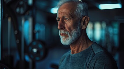 Obraz premium Satisfied senior man enjoying time practicing fitness at the gym