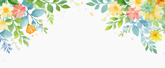 Watercolor illustration frame of naturally blooming flowers and leaves	
