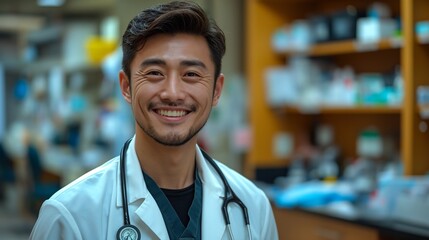 Handsome Korean doctor, smiling, stethoscope, doctor's office at hospital, professional attire, caring demeanor, indoor setting, medical equipment.