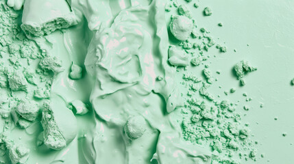Naklejka premium Textured close-up of a mint green substance, appearing creamy and crumbly, with various lumps and smooth areas.