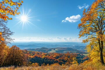 Fototapeta premium Sunny autumn landscape charming rural idyllic panorama captured on a beautiful sunny day in fall