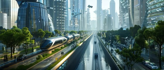 A futuristic cityscape showcases a network of sleek
