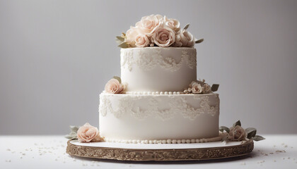 wedding cake, isolated white background, ad shot, decorative background, copy space for text.