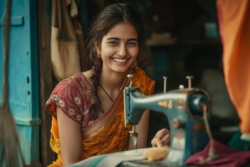Smiling Indian Woman Tailor in Traditional Attire Working with Sewing Machine