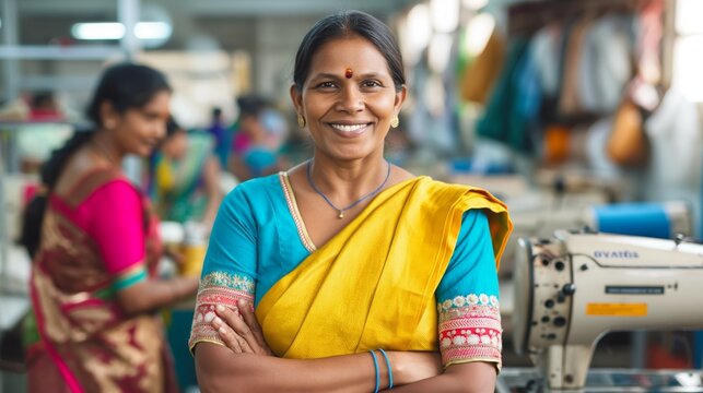 Smiling Indian Woman in Traditional Saree Leading a Textile Workshop with Confidence