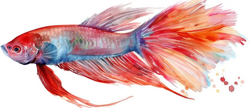 A graceful betta fish depicted in rich watercolor hues on a white background
