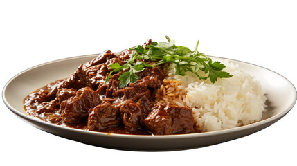 Close Up of Beef Stew With White Rice and Parsley Garnishing