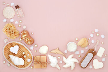 Natural anti aging skincare beauty treatment spa accessories on pink background with assorted body...