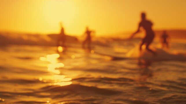 Defocused surf lesson in progress with an orange sky behind.