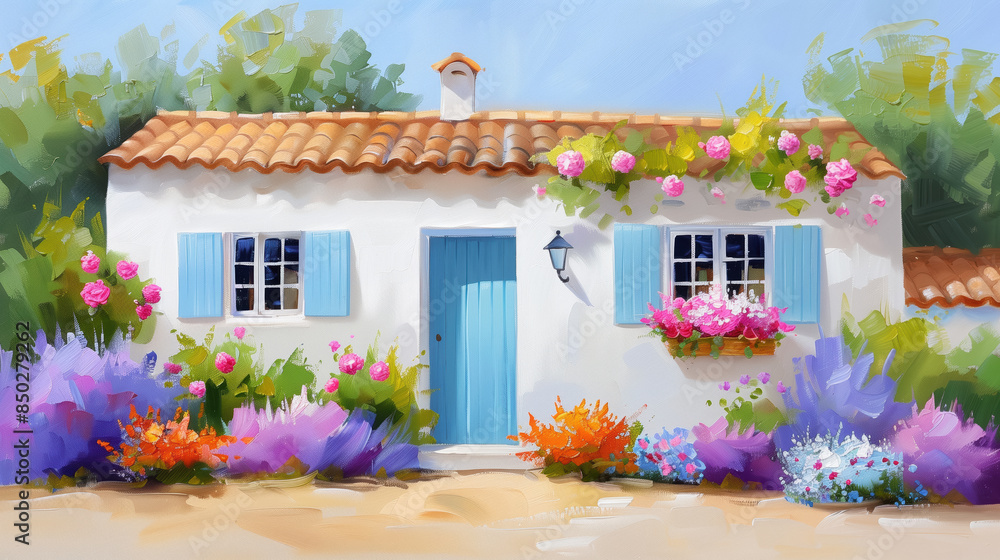 Wall mural charming painting of a quaint cottage with blue shutters and a terracotta roof, surrounded by colorf