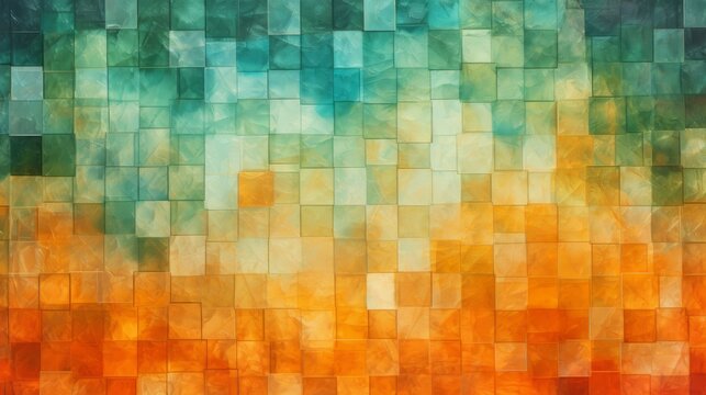 Orange, green color abstract glass square mosaic in grunge style mirror wall texture background banner panorama