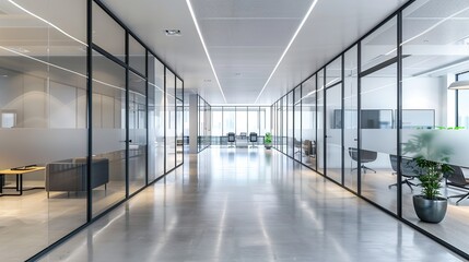 Large open modern office space with glass walls and lots of chairs. The room is very bright with an elegant design