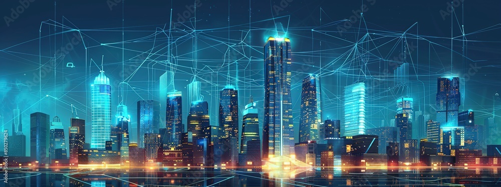 Poster futuristic smart city view with virtual network connections and lots of lights. the concept of a mod