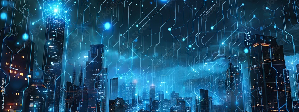 Poster futuristic smart city view with virtual network connections and lots of lights. the concept of a mod