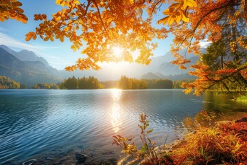 Breathtaking autumn sunset over hintersee lake on a sunny day, creating a stunning natural spectacle