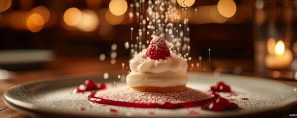 Naklejka premium Granulated sugar being sprinkled on a dessert