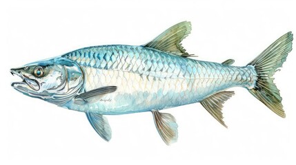 A majestic tarpon illustrated in detailed watercolor on a white background