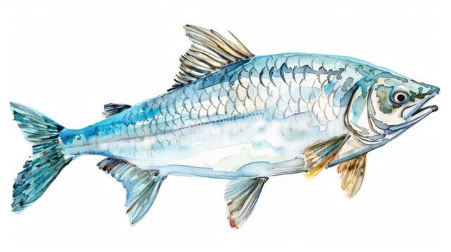 A majestic tarpon illustrated in detailed watercolor on a white background